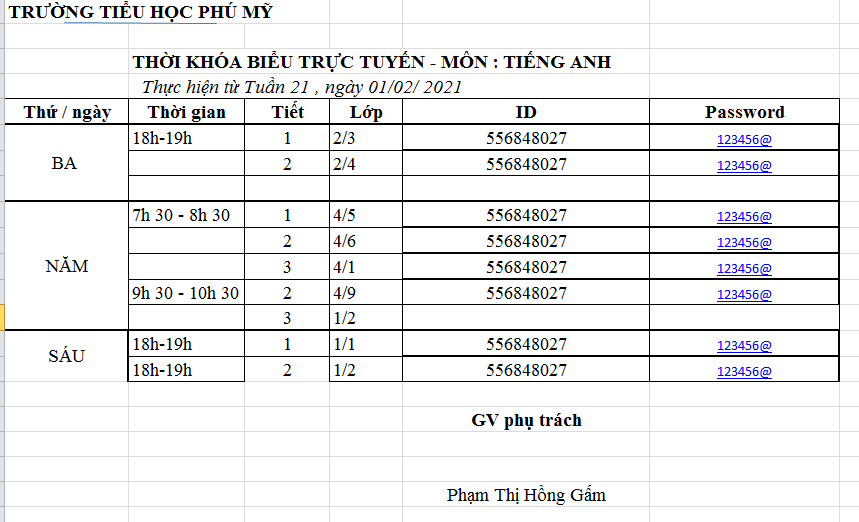 Lịch học trực tuyến môn tiếng anh từ ngày 01/02/2021
