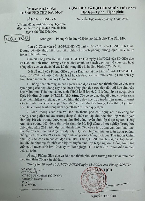Thông báo về việc tạm dừng hoạt động dạy, học trực tiếp trại trường TH Phú Mỹ